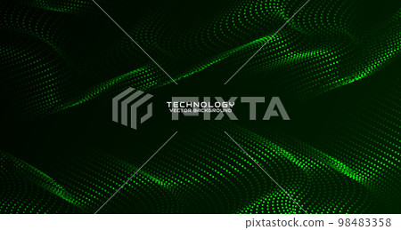 Green techno abstract background on dark space with waving particles style effect. Graphic design element with 3d moving dots flow concept for banner, flyer, card, brochure cover, or landing page 98483358