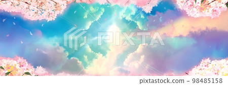 一個天堂般的幻想背景插圖,櫻花盛開的框架和另一個世界的入口閃閃發光 一個天堂般的幻想背景插圖,櫻花盛開的框架和另一個世界的入口閃閃發光 98485158
