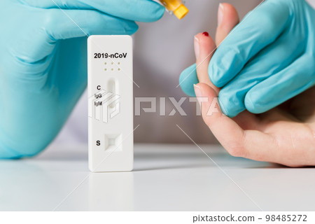 Doctor taking patient blood from finger for quick covid test. COVID-19 Antibody Testing. Doctor taking patient blood from finger for quick covid test. COVID-19 Antibody Testing. 98485272