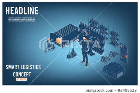 3D isometric Smart logistics concept with Warehouse Logistics and Management, Logistics solutions complete supply chain, transportation truck use wireless technoloty. Eps10 vector illustration 3D isometric Smart logistics concept with Warehouse Logistics and Management, Logistics solutions complete supply chain, transportation truck use wireless technoloty. Eps10 vector illustration 98485522