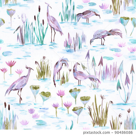 Watercolor seamless pattern with herons, cattails and water lily. Swamp flora and fauna. Painting in sketch expressive style 98486086