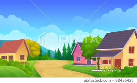 Cute house on the hill with Beautiful nature rural landscape, grass and trees cartoon illustration 98486425