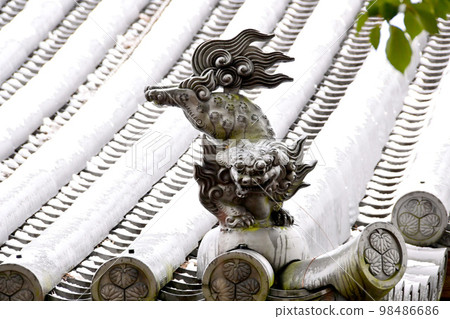 Taiki-ji temple in winter, lions on the roof tiles of the main hall 98486686