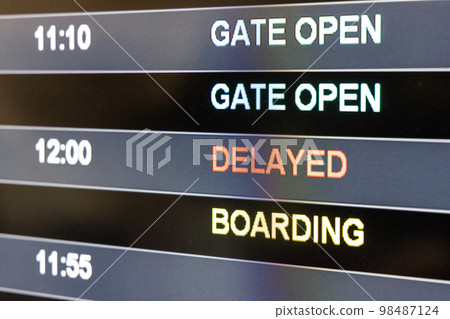 Close-up on airport flight information digital board with focus on word Delayed, Gate Open, Boarding 98487124