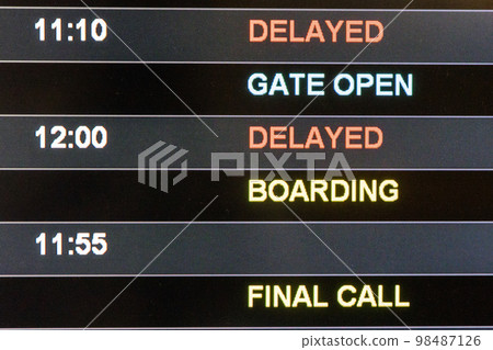 Close-up on airport flight information digital board with focus on word Delayed, Gate Open, Boarding and Final Call 98487126