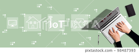 IoT theme with person using laptop computer IoT theme with person using laptop computer 98487393