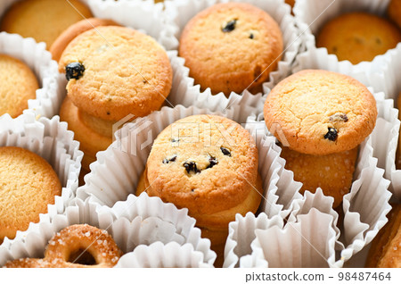 cookie box with danish butter cookies on box background, close up 98487464