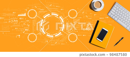 Tech circle with computer keyboard and office items 98487580