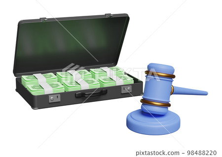 3d judge gavel, hammer auction with stand, pile dollar banknote in black suitcase isolated. bid idea, estate sale, auction symbol concept, 3d render illustration 3d judge gavel, hammer auction with stand, pile dollar banknote in black suitcase isolated. bid idea, estate sale, auction symbol concept, 3d render illustration 98488220