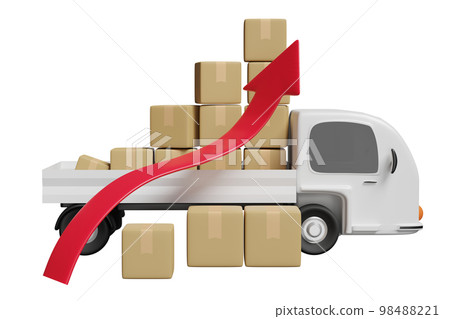 3d white delivery truck with arrow graph goods cardboard box isolated. transportation, shipping, high inflation, expensive, raise the price concept, 3d render illustration 98488221