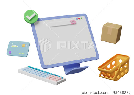 3d computer monitor with shopping cart, goods cardboard box, basket, credit card, check marks isolated. Online delivery, online shopping, template concept, 3d render illustration 98488222