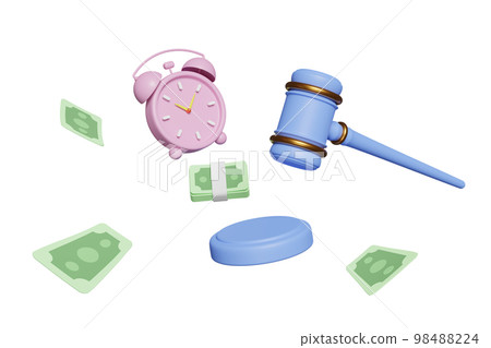 3d judge gavel, hammer auction with stand, banknote, cartoon character alarm clock isolated. bid idea, estate sale, auction symbol concept, 3d render illustration 3d judge gavel, hammer auction with stand, banknote, cartoon character alarm clock isolated. bid idea, estate sale, auction symbol concept, 3d render illustration 98488224