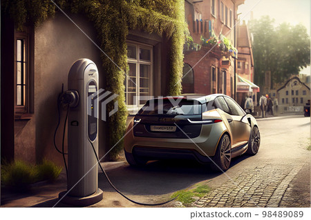 Charging modern electric car on the street which are the future of the Automobile Charging modern electric car on the street which are the future of the Automobile 98489089