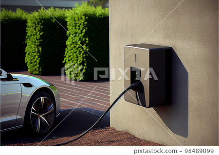 New charging station for electric car on brick wall at home, charging pillar with copy space , space for text 98489099