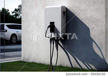 New charging station for electric car on brick wall at home, charging pillar with copy space , space for text 98489100