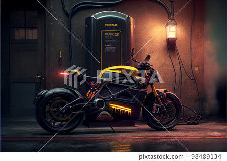 Electric Bike. Electric Vehicle (EV) charging dock with plug. Hybrid smart motorcycle battery. 98489134