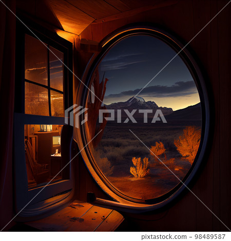 Round stained glass window in old castle Round stained glass window in old castle 98489587