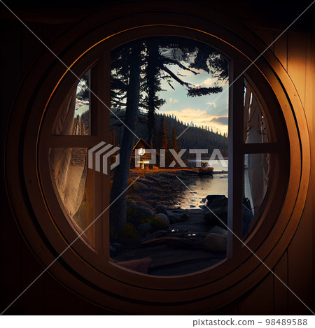 Round stained glass window in old castle Round stained glass window in old castle 98489588