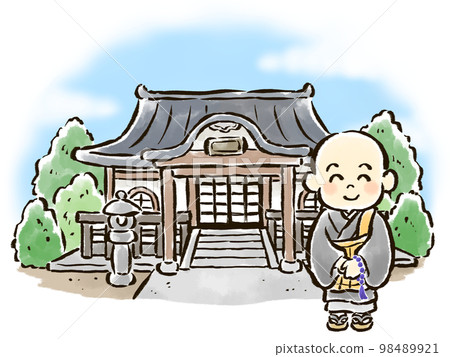 hand drawn illustration of a child monk standing in front of a small temple 98489921