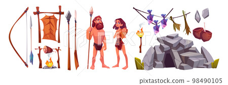 Prehistoric cave people, primitive caveman family 98490105