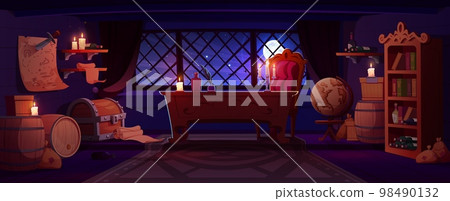 Pirate cabin interior on ship at night 98490132