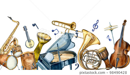 Board of jazz musical instruments watercolor illustration isolated on white. Board of jazz musical instruments watercolor illustration isolated on white. 98490428