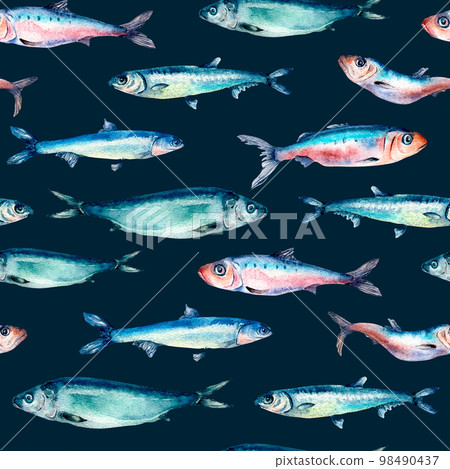 Sea fish horizontally seamless pattern watercolor isolated on black. 98490437