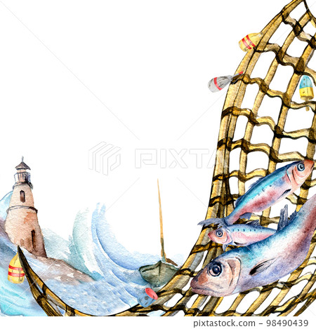 Composition of sardines and fishnet watercolor illustration isolated on white. 98490439