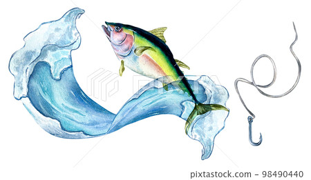 Banner of tuna and sea wave watercolor illustration isolated on white. 98490440