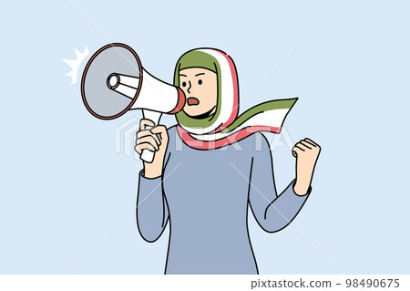Woman in hijab with Iranian flag scream in megaphone  98490675