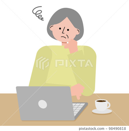 Illustration of a middle-aged and elderly woman who is worried while looking at her computer Illustration of a middle-aged and elderly woman who is worried while looking at her computer 98490818