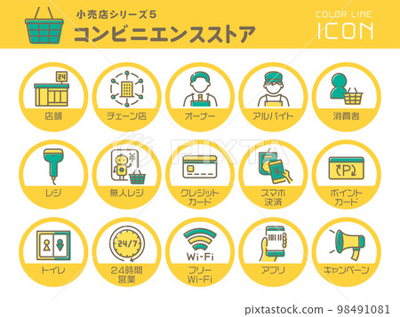 零售店系列 5 便利店彩色線條圖標集 零售店系列 5 便利店彩色線條圖標集 98491081