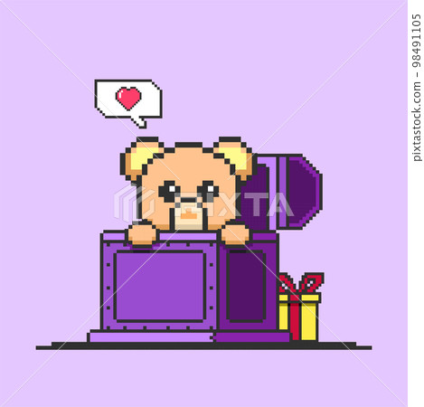 8 bit pixel teddy bear peeking inside of treasure chest with gift box, and love icon. Valentine's day illustration 98491105