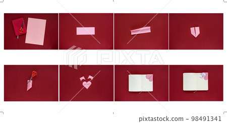 How to make a paper bookmark for congratulations, confession in lovein and fun on Valentine's Day. Children's art project. DIY concept. Step by step photo instruction. The background is burgundy. 98491341