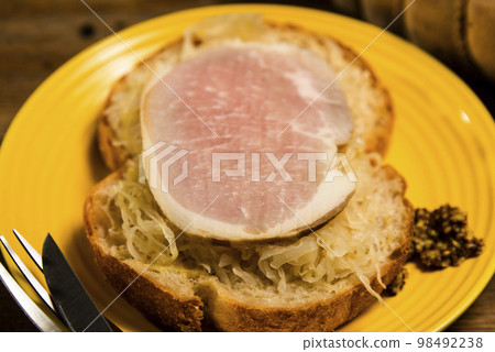 Ham and sauerkraut open sandwich 98492238