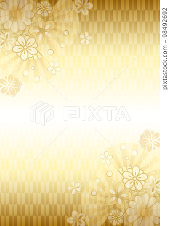Flowers and fan arrows are rubbed Japanese background vertical gold 98492692