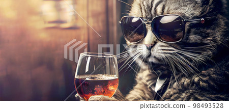 An old experienced cat, who has seen life, is sitting with a glass of whiskey with ice in a dark atmospheric bar of the wild West, portrait close-up. 98493528