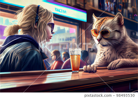 jaguar a meeting in a bar is a romantic acquaintance or a scene from a detective movie. Cool cat or panther bandit meets a blonde woman in a nightclub bar conversation. 98493530