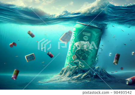 Garbage and pollution of the world's oceans, environmental problems and threats to marine fauna. aluminum cans near beaches and human waste. 98493542