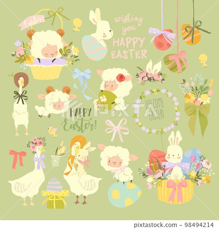 Easter Set with Cute White Bunnies, Gooses, Sheeps and Easter Eggs Easter Set with Cute White Bunnies, Gooses, Sheeps and Easter Eggs 98494214