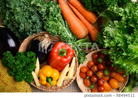 Fresh organic vegetables from local farmers market, Sustainability concept, Table top view Fresh organic vegetables from local farmers market, Sustainability concept, Table top view 98494511