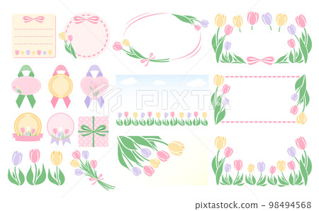 簡單可愛的春花鬱金香框和插圖集矢量素材_粉黃色紫色_水平 98494568