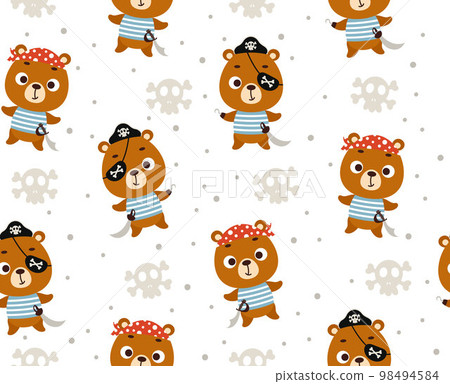 Cute little pirate bear seamless childish pattern. Funny cartoon animal character for fabric, wrapping, textile, wallpaper, apparel. Vector illustration 98494584