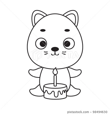 Coloring page cute little cat with birthday cake. Coloring book for kids. Educational activity for preschool years kids and toddlers with cute animal. Vector stock illustration 98494630