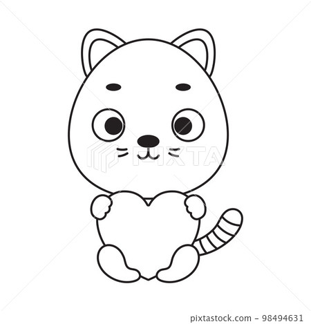 Coloring page cute little cat holds heart. Coloring book for kids. Educational activity for preschool years kids and toddlers with cute animal. Vector stock illustration 98494631