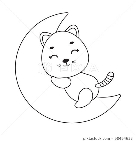 Coloring page cute little cat sleeping on moon. Coloring book for kids. Educational activity for preschool years kids and toddlers with cute animal. Vector stock illustration 98494632