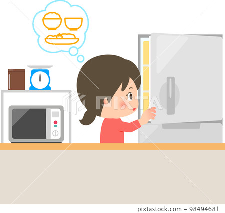 一個女人看著冰箱，想著菜單 98494681