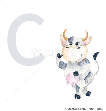 Letter C, uppercase, baby cow, cute kids colorful animal ABC alphabet. Watercolor hand drawn illustration isolated on white background. Can be used for alphabet or cards for kids learning English 98494862
