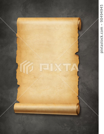 Old mediaeval paper sheet. Parchment scroll on a concrete wall 98494945