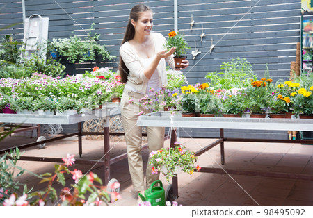 nice european girl looking at flowers in shop 98495092